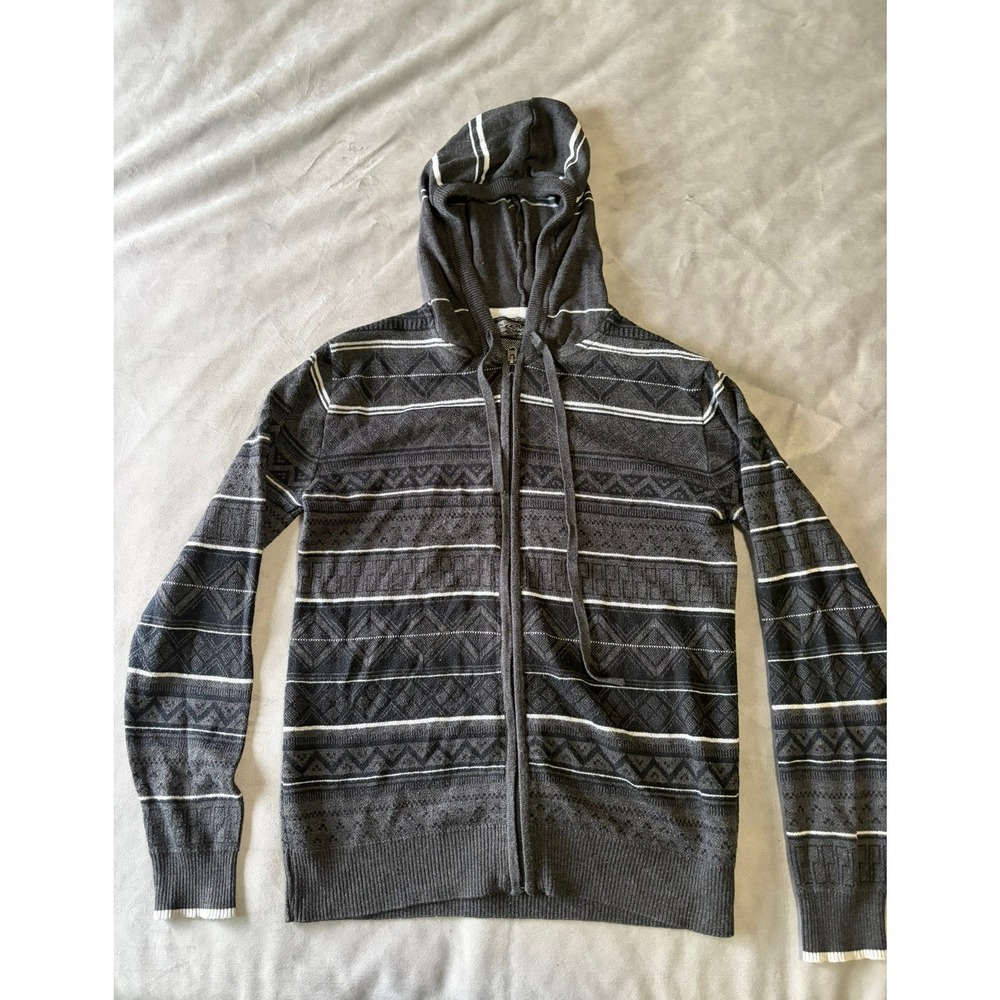 Retrofit Mens Full Zip Hoodie Sweater Fair Isle Geometric Stripe Charcoal Grey M